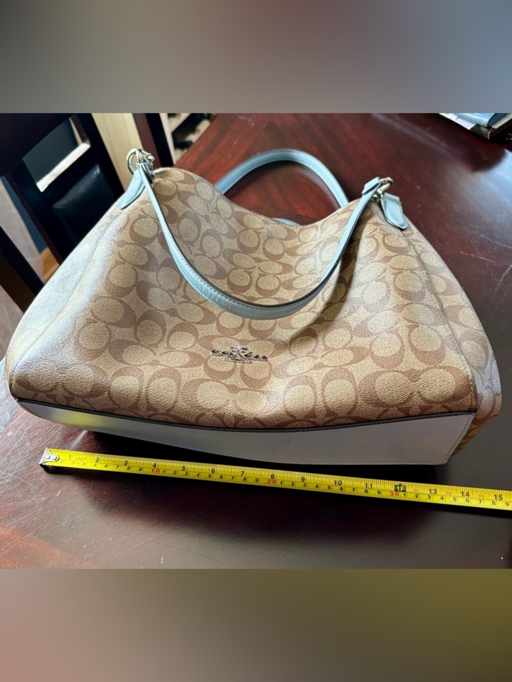 Coach Large Signature Canvas Shoulder Bag with Light Blue Trim - Picture 11 of 11